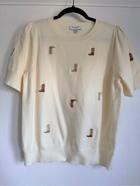 Gilli Cream Crewneck Sweater with Brown Boot Embroidery